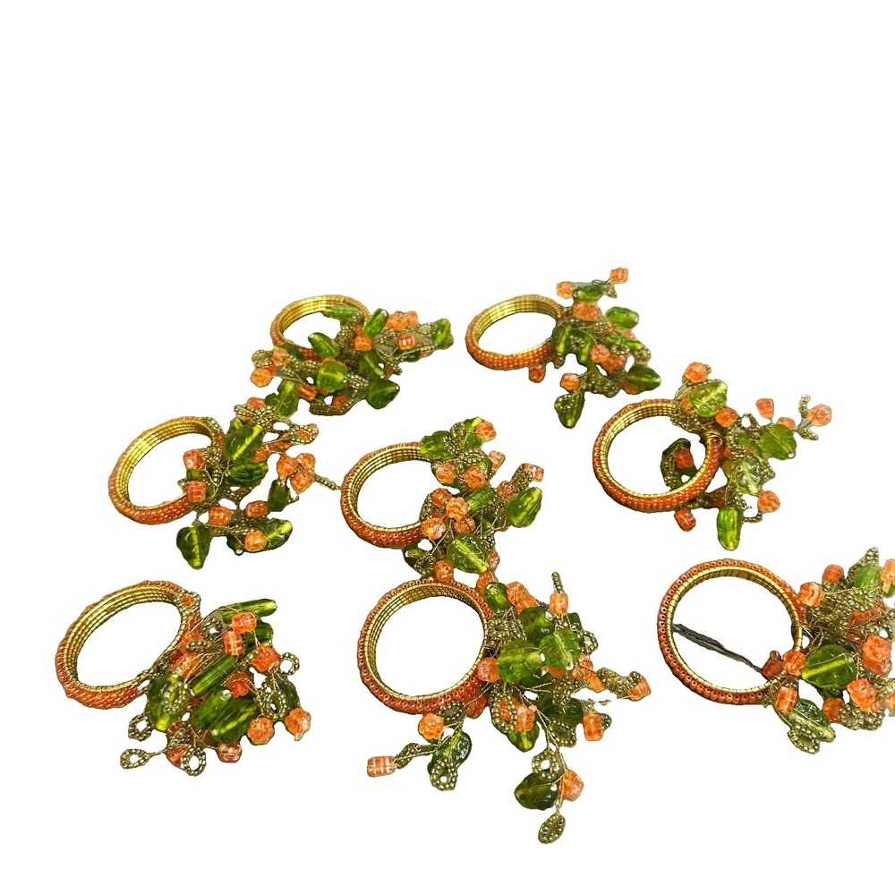 Lot of 8 Beaded Napkin Rings Peach Flowers Green Leaves Flower Spray